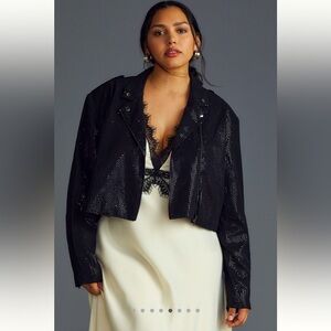 Anthropologie Black Sequin Cropped Plus Moto Jacket 3X